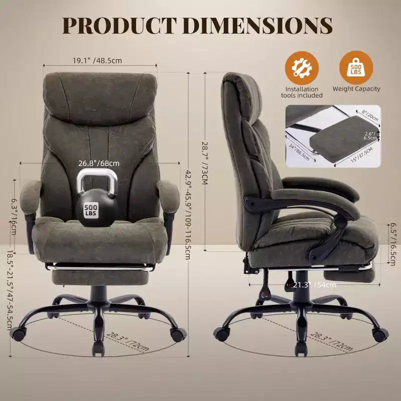 Office Desk Chair, 500 LBS Big and Tall Executive Chair with Footrest, 90-155 Recline Leather Gaming Chair