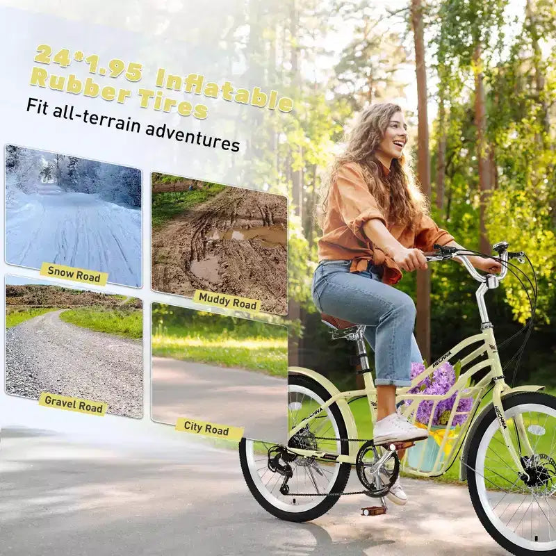 NAYSAYE 24 Inch Commuter Bike for Adult 6-Speed Hybrid City Bicycle with Dual V-Brake Adjustable Seat Steel Frame for Women Men Commuting Leisure