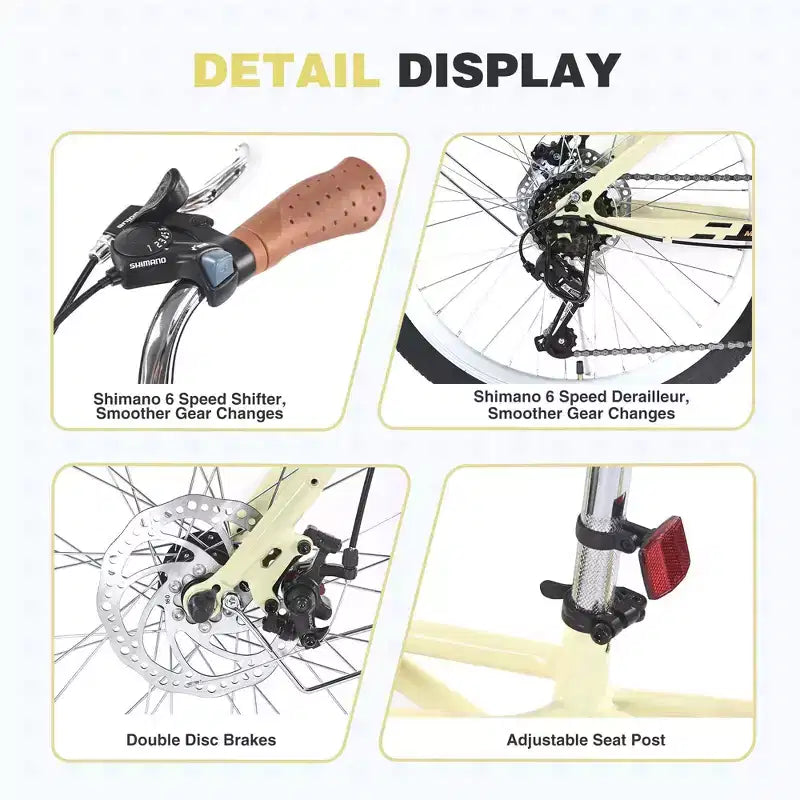 NAYSAYE 24 Inch Commuter Bike for Adult 6-Speed Hybrid City Bicycle with Dual V-Brake Adjustable Seat Steel Frame for Women Men Commuting Leisure