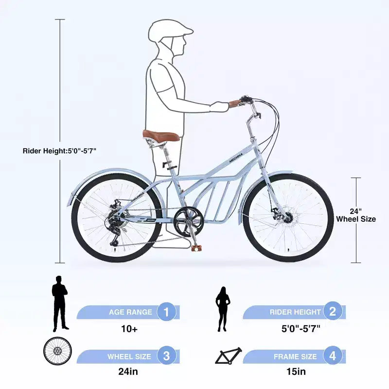 NAYSAYE 24 Inch Commuter Bike for Adult 6-Speed Hybrid City Bicycle with Dual V-Brake Adjustable Seat Steel Frame for Women Men Commuting Leisure