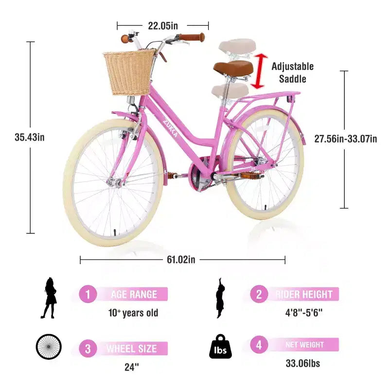 NAYSAYE 24 Inch Girls Cruiser Bike Speed Hybrid City Bicycle for Youth 7-10+ Years Old with Wicker Basket & Rear Rack, Kids Cycle Bikes