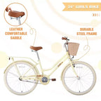 NAYSAYE 24 Inch Girls Cruiser Bike Speed Hybrid City Bicycle for Youth 7-10+ Years Old with Wicker Basket & Rear Rack, Kids Cycle Bikes