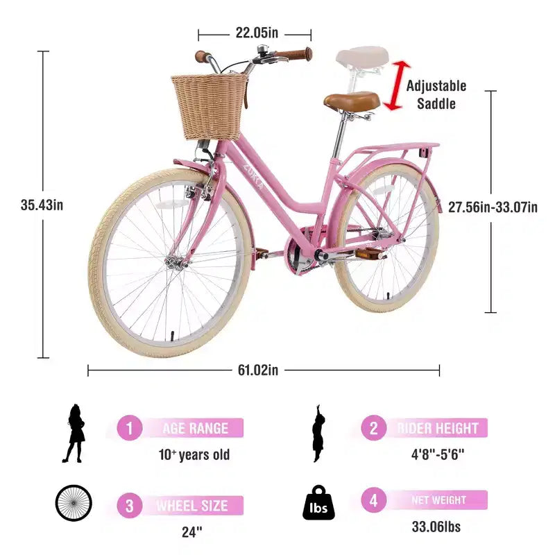 NAYSAYE 24 Inch Girls Cruiser Bike Speed Hybrid City Bicycle for Youth 7-10+ Years Old with Wicker Basket & Rear Rack, Kids Cycle Bikes