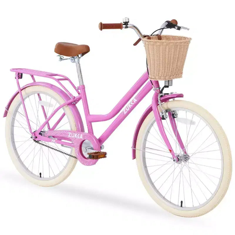 NAYSAYE 24 Inch Girls Cruiser Bike Speed Hybrid City Bicycle for Youth 7-10+ Years Old with Wicker Basket & Rear Rack, Kids Cycle Bikes