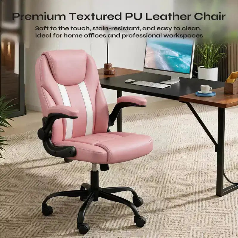 Pinmoco Ergonomic Executive Computer Desk Chair with Double-Layer Cushion, Gaming Chair with Wheels and Flip-Up Armrest, PU Leather