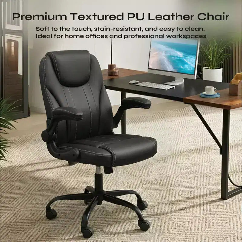 Pinmoco Ergonomic Executive Computer Desk Chair with Double-Layer Cushion, Gaming Chair with Wheels and Flip-Up Armrest, PU Leather
