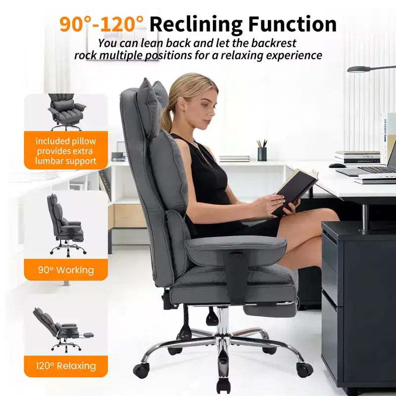 Big and Tall Office Chair w/Footrest, High Back Executive Desk Chair, 155ReclineLumbar Support Pillow, Faux Leather Gaming Chairs for Home