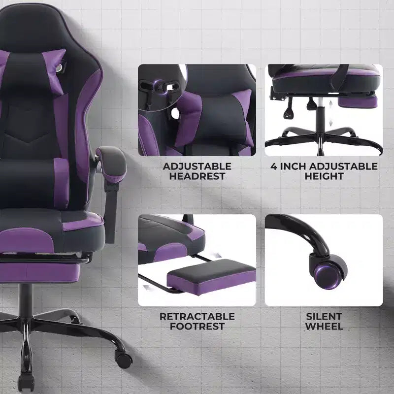 Ora Maison Ergonomic Gaming Chair with Footrest and Massage Lumbar, Height Adjustable Swivel Computer Chair for Adults, 300lb Capacity, Purple
