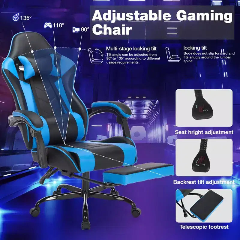 Ora Maison Ergonomic Gaming Chair with Footrest and Lumbar Support, Breathable Height-Adjustable Swivel Computer Chair for Adults,Blue