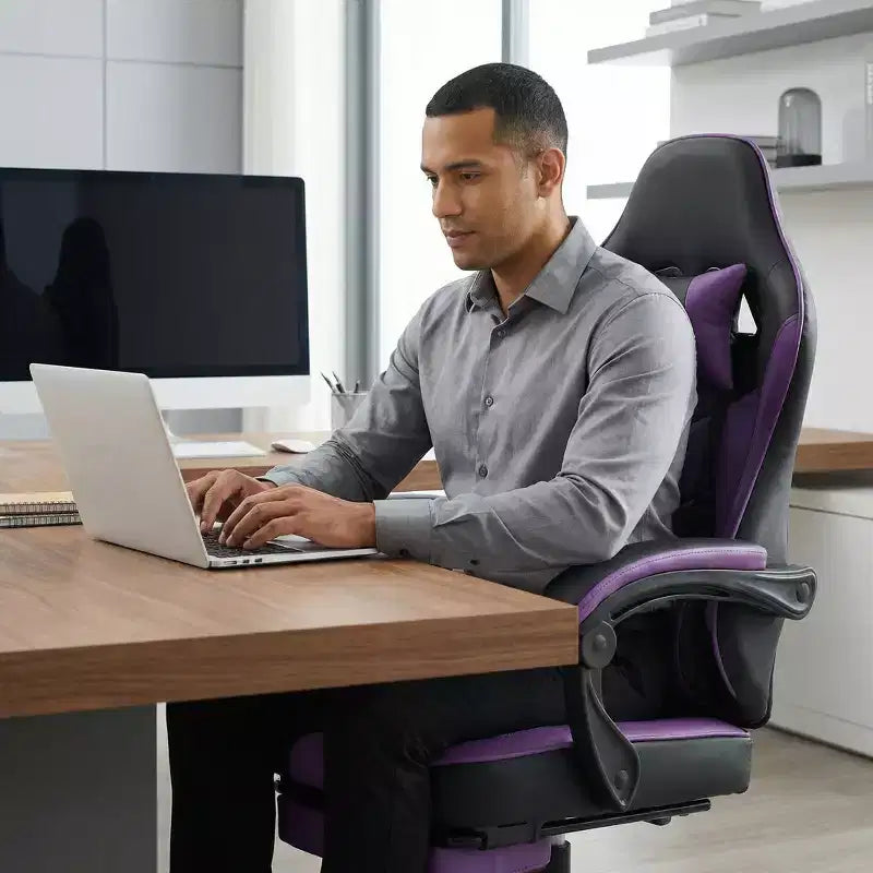 LauKingdom Gaming Chair with Footrest, Ergonomic Computer Chair, Height Adjustable Swivel, Massage Lumbar Support, Video Game Chair, Black & Purple