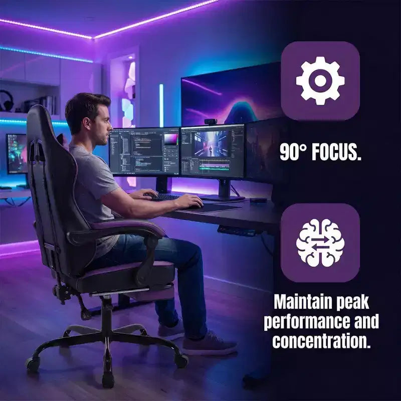 LauKingdom Gaming Chair with Footrest, Ergonomic Computer Chair, Height Adjustable Swivel, Massage Lumbar Support, Video Game Chair, Black & Purple