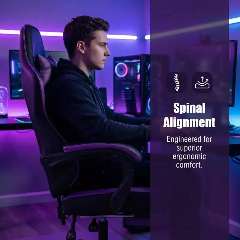 LauKingdom Gaming Chair with Footrest, Ergonomic Computer Chair, Height Adjustable Swivel, Massage Lumbar Support, Video Game Chair, Black & Purple