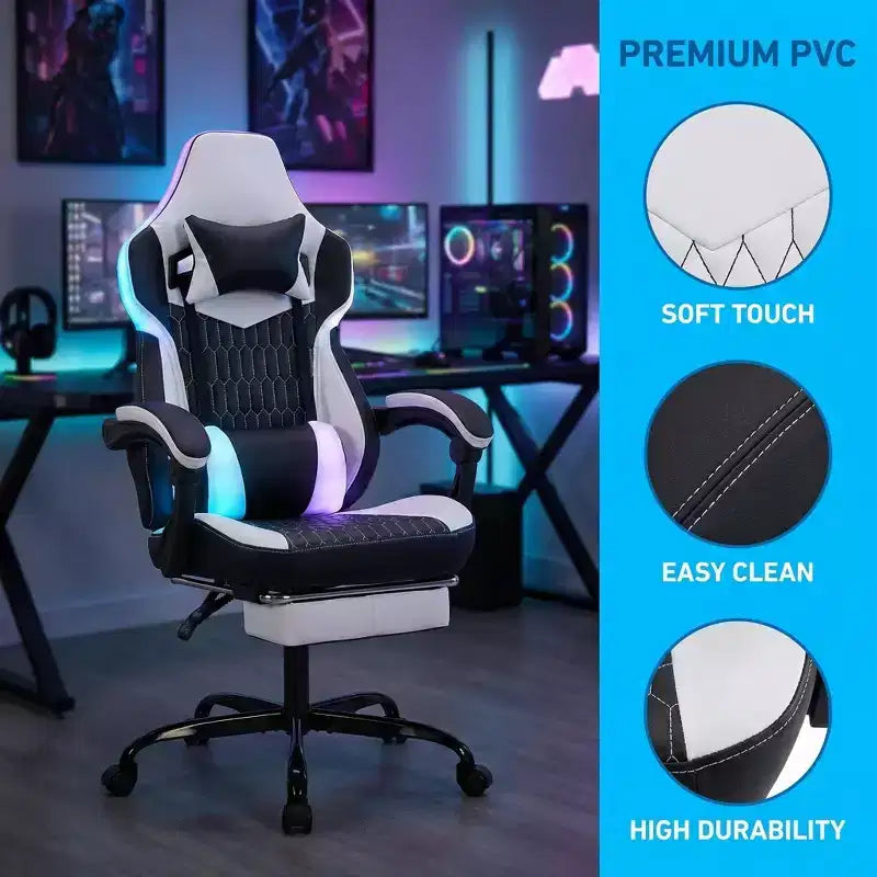 LauKingdom Gaming Chair with Footrest, Ergonomic High-Back Gamer Chair, Adjustable Headrest & Lumbar, PU Leather Racing Style for Office & Home