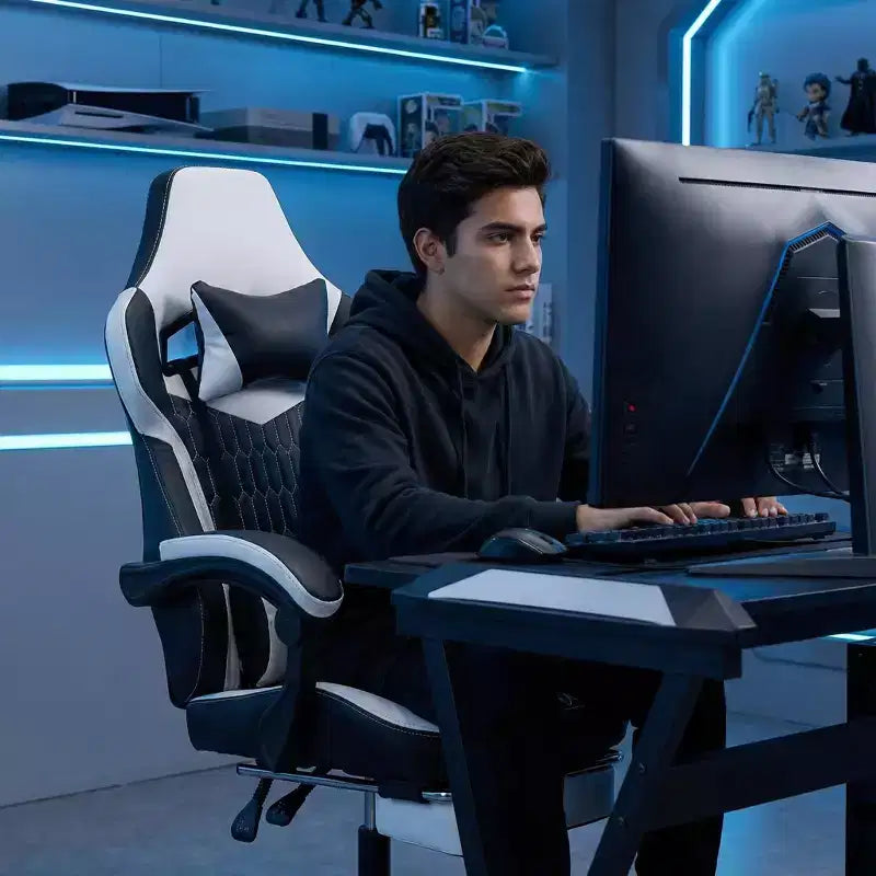 LauKingdom Gaming Chair with Footrest, Ergonomic High-Back Gamer Chair, Adjustable Headrest & Lumbar, PU Leather Racing Style for Office & Home