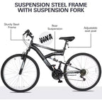 Hykolity 26 inch Mountain Bike, 18-Speed Outdoor Cycling Bike, High Carbon Steel Frame, MTB Bicycle for Men and Women, Dual Full Suspension, Black