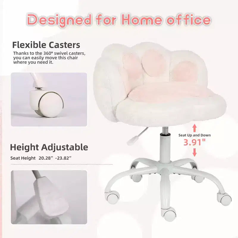 Vanity Chair with Cat Back, Height Adjustable Swivel Chair, Cute Teddy Fabric Rolling Desk Chair for Bedroom Office