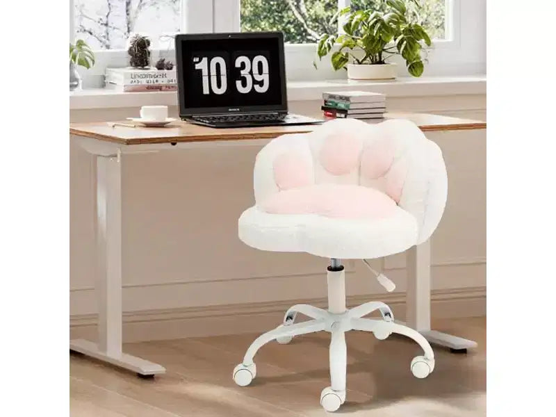 Vanity Chair with Cat Back, Height Adjustable Swivel Chair, Cute Teddy Fabric Rolling Desk Chair for Bedroom Office
