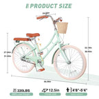 NAYSAYE Girls Beach Cruiser Bike with Front Basket & Sturdy Steel Frame for Comfortable Outdoor City Commute, Green, 58.39*24.53*36.93