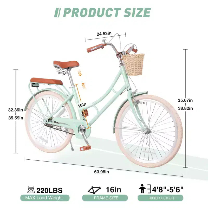 NAYSAYE Women Beach Cruiser Bike with Front Basket & Sturdy Frame for Comfortable Outdoor City Commuting, Green, 63.98*24.53*38.82