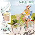 NAYSAYE Women Beach Cruiser Bike with Front Basket & Sturdy Frame for Comfortable Outdoor City Commuting, Green, 63.98*24.53*38.82