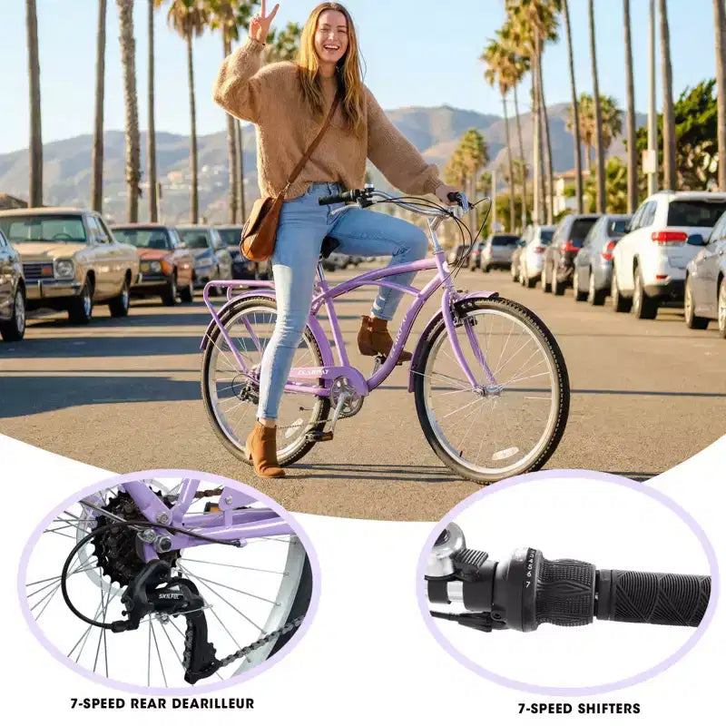 NAYSAYE 7-Speed Beach Cruiser Bike Steel Frame Alloy Wheels V-Brakes for Men Women Leisure, Purple,White, 67.8*42.51*28.74