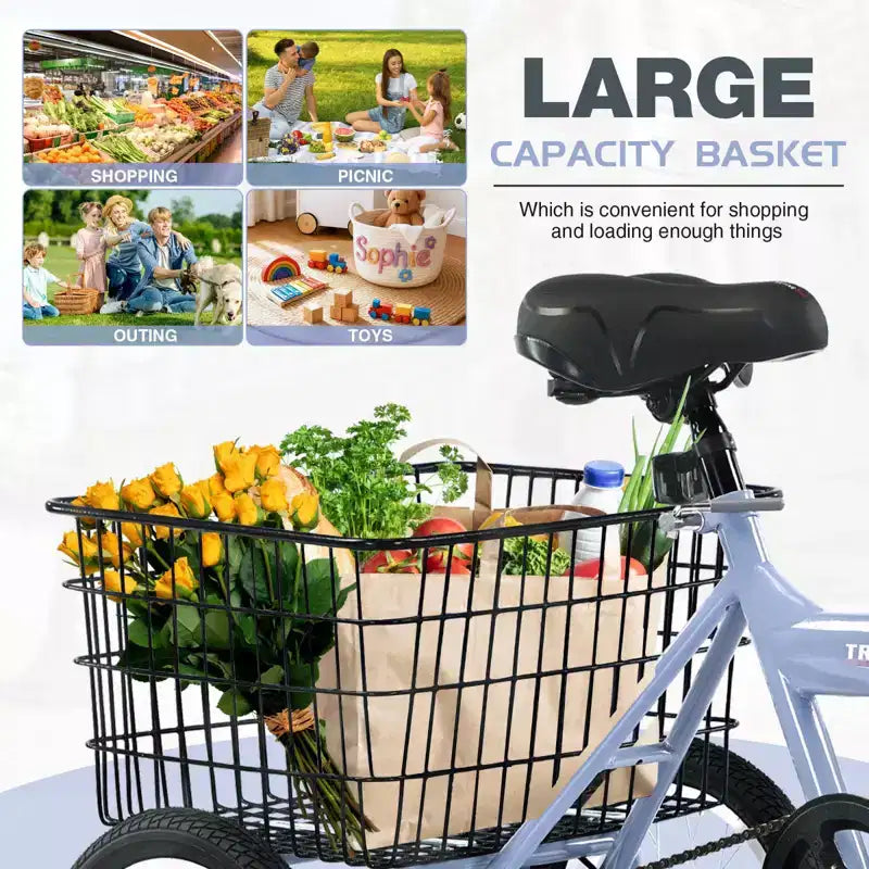 NAYSAYE Adult Folding Tricycle with Basket, Collapsible Steel Frame, Large Load Capacity for Outdoor Shopping & Travel, Blue, 53.54*23.23*39.49