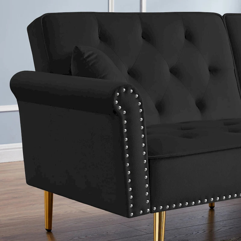Velvet Tufted Sofa Couch with 2 Pillows and Nailhead Trim