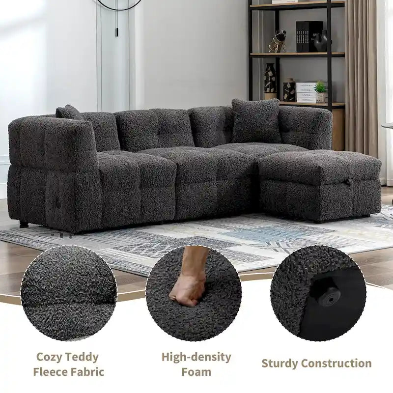 Sectional Sofa, L-Shape Couch with Movable Storage Ottoman 2 USB Ports and 2 Pillows Upholstered Tufted Couch for Living Room