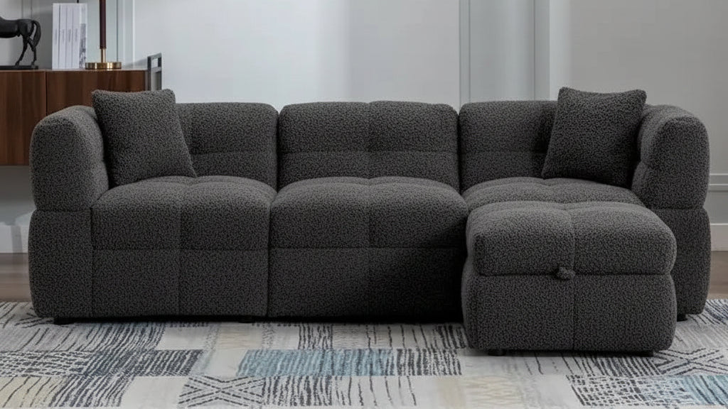 Sectional Sofa, L-Shape Couch with Movable Storage Ottoman 2 USB Ports and 2 Pillows Upholstered Tufted Couch for Living Room