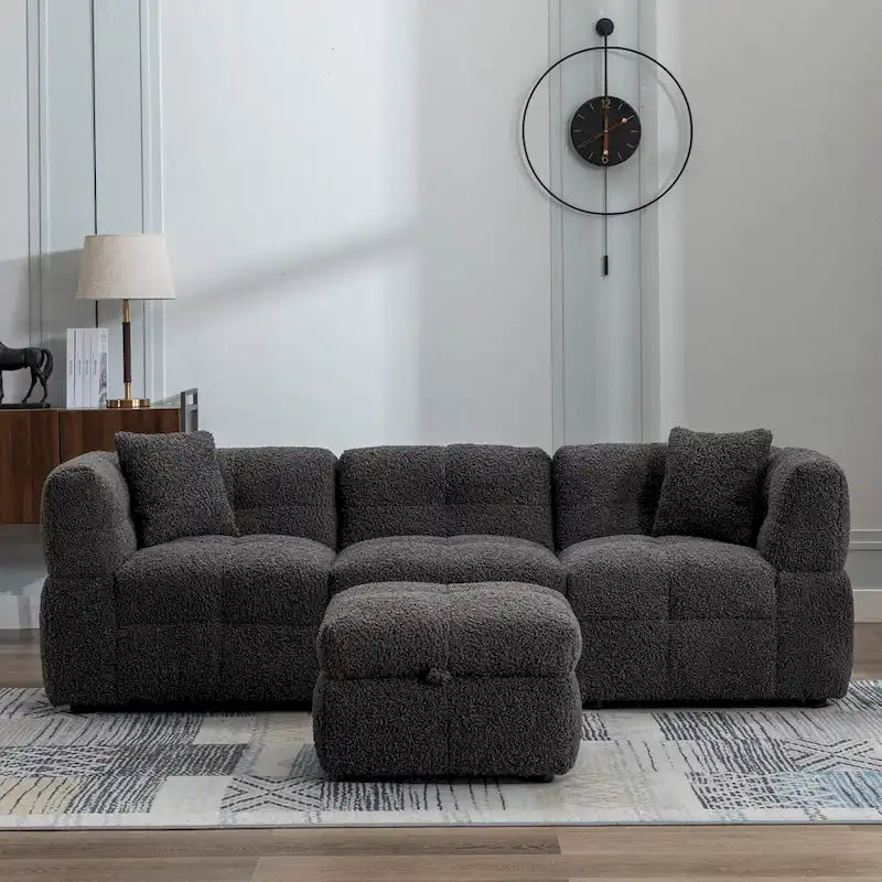 Sectional Sofa, L-Shape Couch with Movable Storage Ottoman 2 USB Ports and 2 Pillows Upholstered Tufted Couch for Living Room