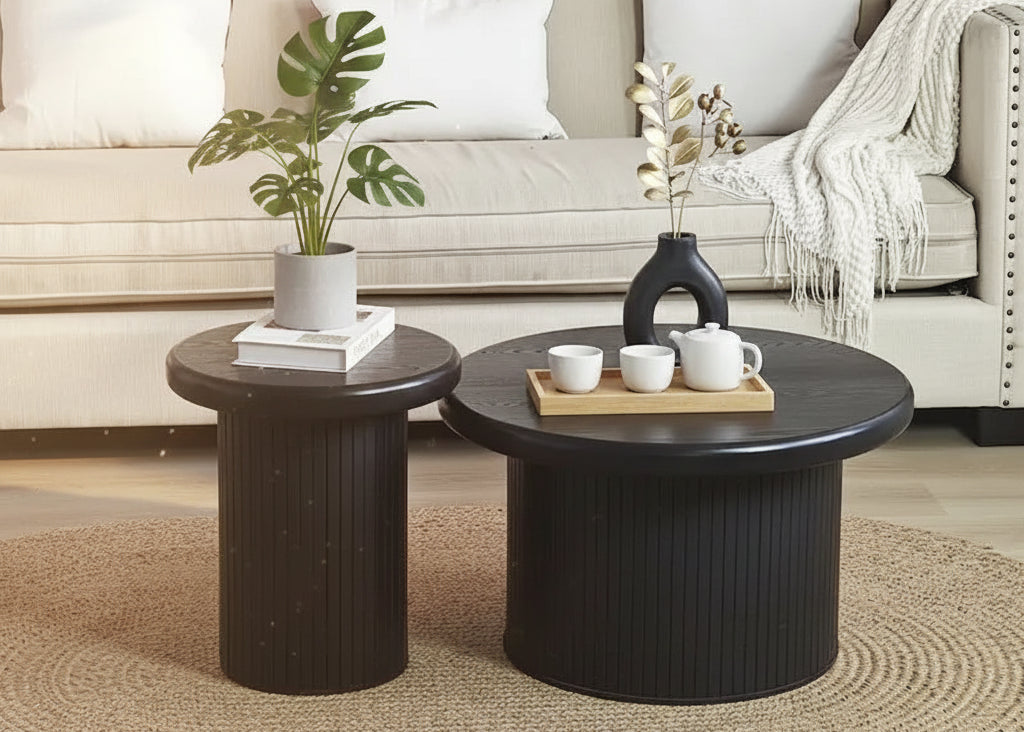 Modern Round Coffee Table Set Double Table Coffee Table with Fluted Table Leg, for Living Room