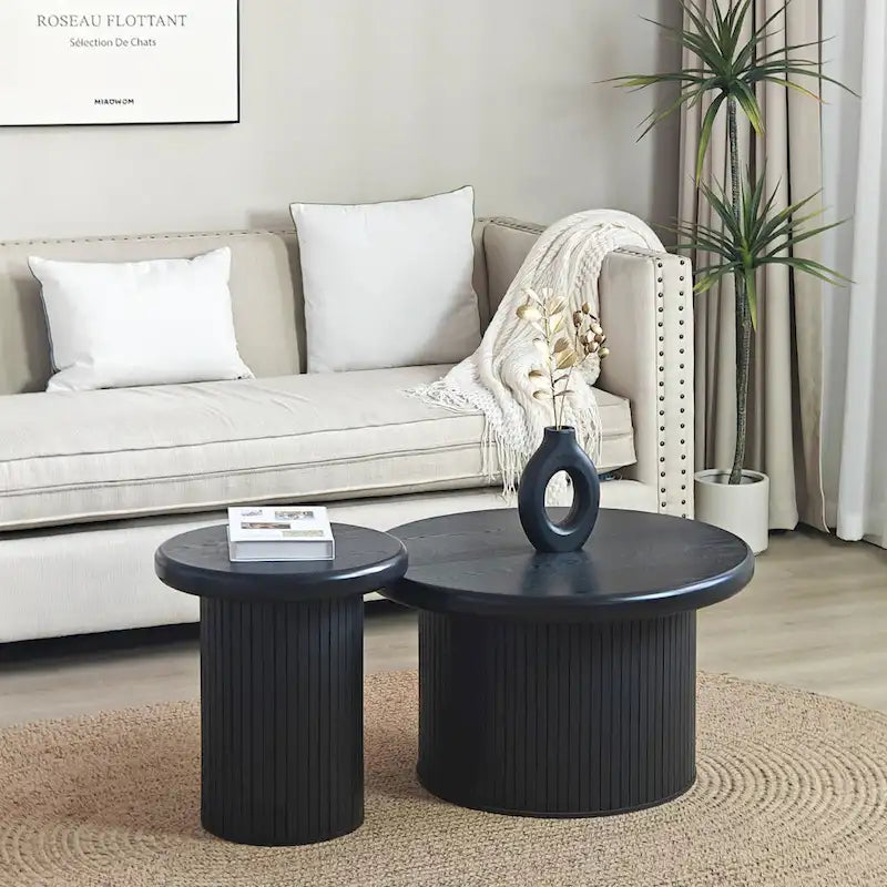 Modern Round Coffee Table Set Double Table Coffee Table with Fluted Table Leg, for Living Room