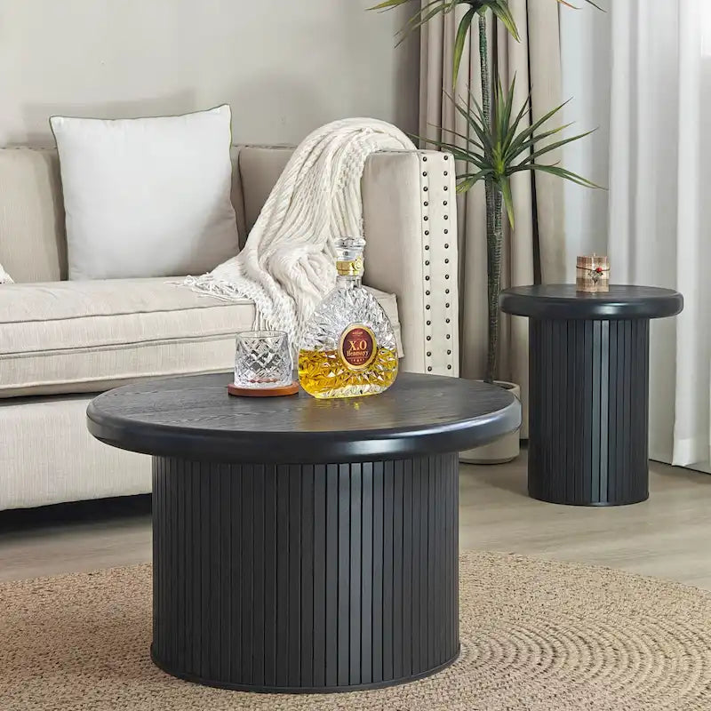 Modern Round Coffee Table Set Double Table Coffee Table with Fluted Table Leg, for Living Room