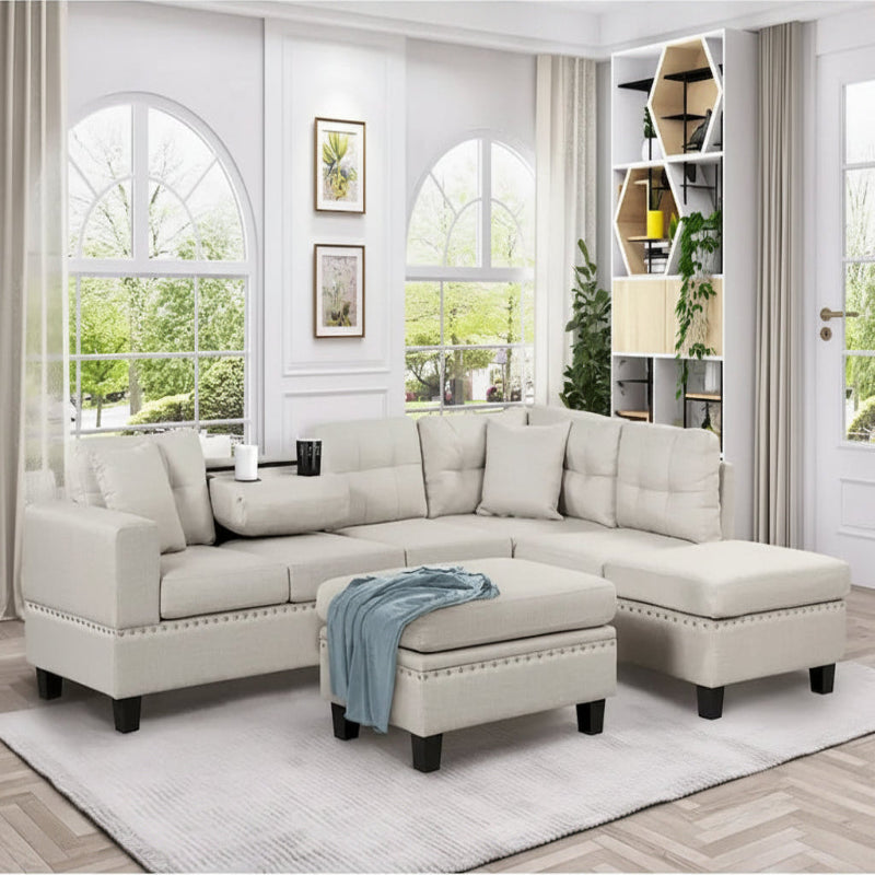 Modern L-Shape Sectional Sofa with Storage Ottoman, Reversible Chaise, Two Pillows, and Cup Holder
