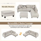 Modern L-Shape Sectional Sofa with Storage Ottoman, Reversible Chaise, Two Pillows, and Cup Holder