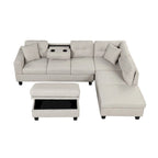 Modern L-Shape Sectional Sofa with Storage Ottoman, Reversible Chaise, Two Pillows, and Cup Holder
