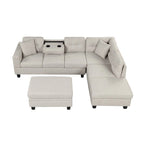 Modern L-Shape Sectional Sofa with Storage Ottoman, Reversible Chaise, Two Pillows, and Cup Holder
