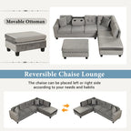 Modern L-Shape Sectional Sofa with Storage Ottoman, Reversible Chaise, Two Pillows, and Cup Holder