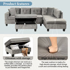 Modern L-Shape Sectional Sofa with Storage Ottoman, Reversible Chaise, Two Pillows, and Cup Holder
