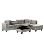 Modern L-Shape Sectional Sofa with Storage Ottoman, Reversible Chaise, Two Pillows, and Cup Holder