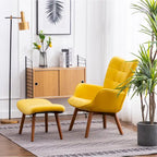 Yellow Modern 33 Polyester Button Tufted Accent Chair with Ottoman and Tapering Wood Dowel Legs