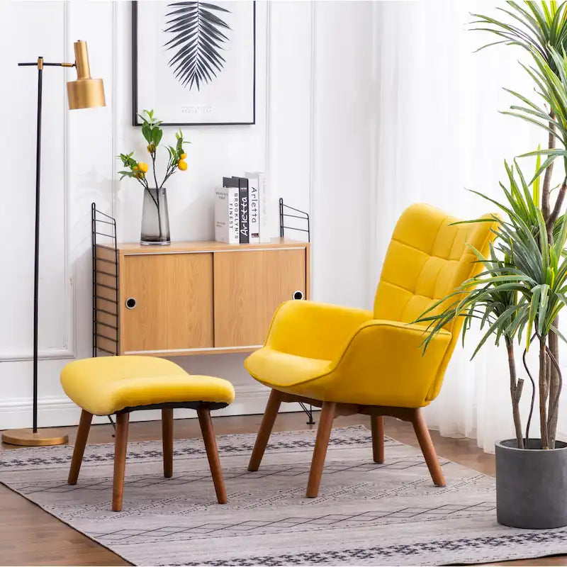 Yellow Modern 33 Polyester Button Tufted Accent Chair with Ottoman and Tapering Wood Dowel Legs