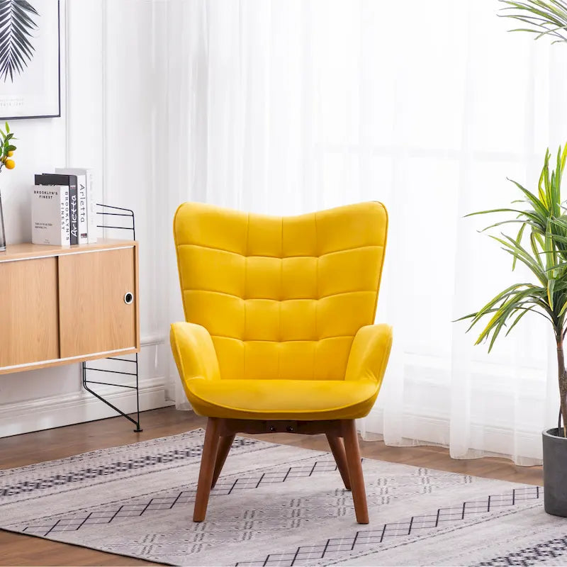Yellow Modern 33 Polyester Button Tufted Accent Chair with Ottoman and Tapering Wood Dowel Legs
