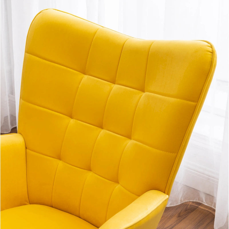 Yellow Modern 33 Polyester Button Tufted Accent Chair with Ottoman and Tapering Wood Dowel Legs