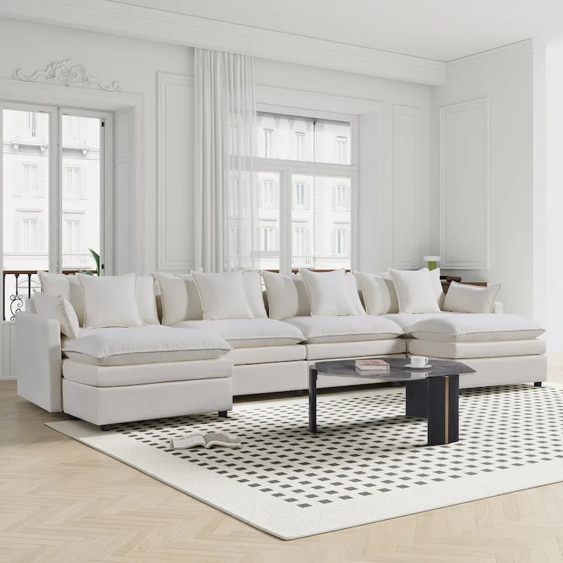 Spacious 142.52 U-Shaped Chenille Sectional Sofa with Double Cushions, Convertible Chaise and Ottomans