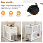 31.5 Modern Mobile End Table with 5mm Thick Fluted Tempered Glass, Lockable Wheels and Golden Round Rod