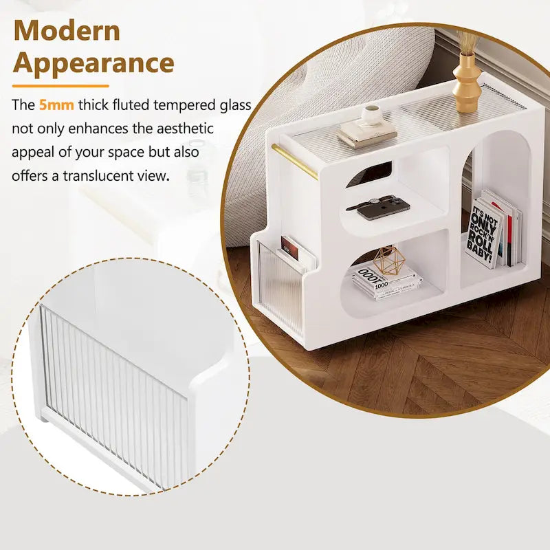 31.5 Modern Mobile End Table with 5mm Thick Fluted Tempered Glass, Lockable Wheels and Golden Round Rod