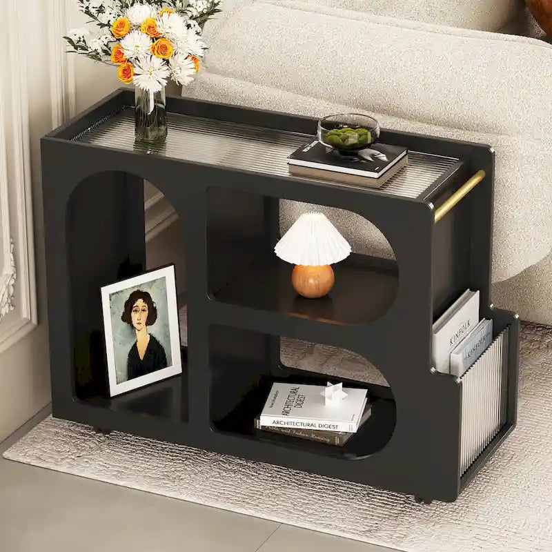 31.5 Modern Mobile End Table with 5mm Thick Fluted Tempered Glass, Lockable Wheels and Golden Round Rod