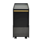 31.5 Modern Mobile End Table with 5mm Thick Fluted Tempered Glass, Lockable Wheels and Golden Round Rod