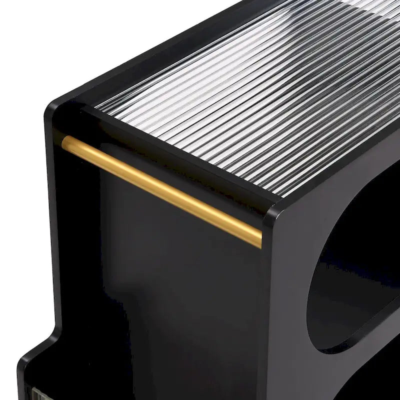 31.5 Modern Mobile End Table with 5mm Thick Fluted Tempered Glass, Lockable Wheels and Golden Round Rod